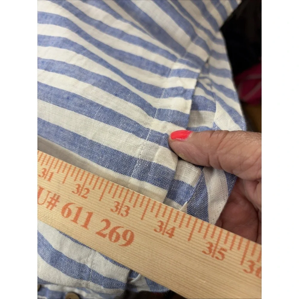 Nicole Miller 100% Linen V-Neck Dress Blue White Striped Popover Nautical Resort - Picture 9 of 10